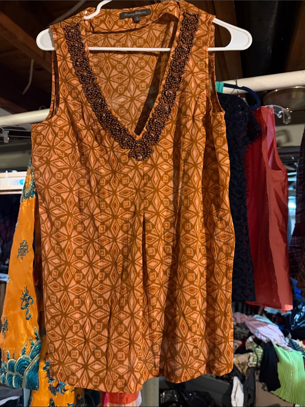 Tommy Bahama Orange Geometric Beaded V-Neck Tank